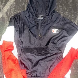 Champion Navy and Red Windbreaker Hoodie cropped.